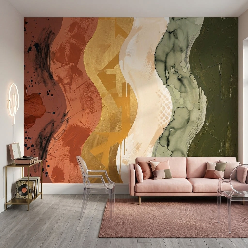 Wavy Vertical Bands Wallpaper Mixed Media Removable Earth Tones Wall Decor