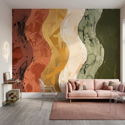 Wavy Vertical Bands Wallpaper Mixed Media Removable Earth Tones Wall Decor
