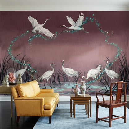 Cranes Wallpaper Watercolor Dreamy Wall Mural
