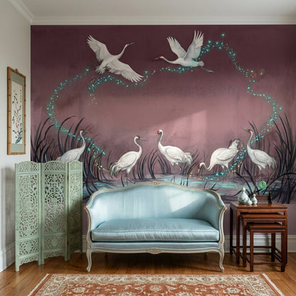 Cranes Wallpaper Watercolor Dreamy Wall Mural
