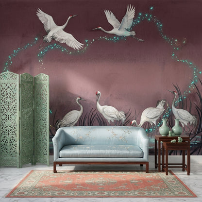 Cranes Wallpaper Watercolor Dreamy Wall Mural