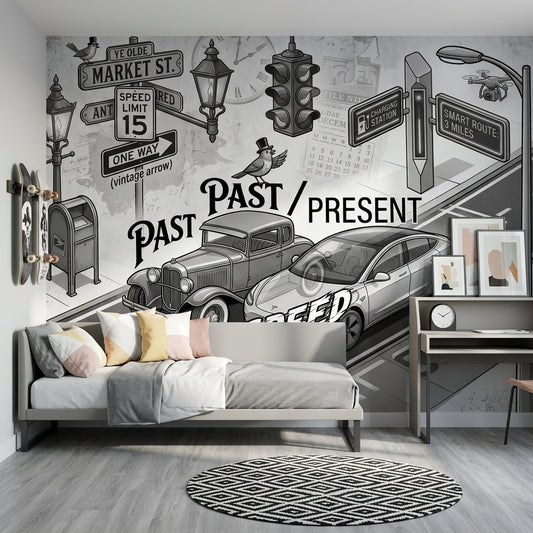 Past And Present Wallpaper Vintage Car Removable Modern Electric Car Wall Decor