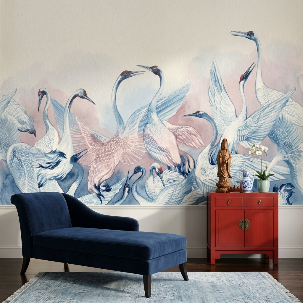 Watercolor Birds Wallpaper Cranes Pastel Pink Wash Wall Mural