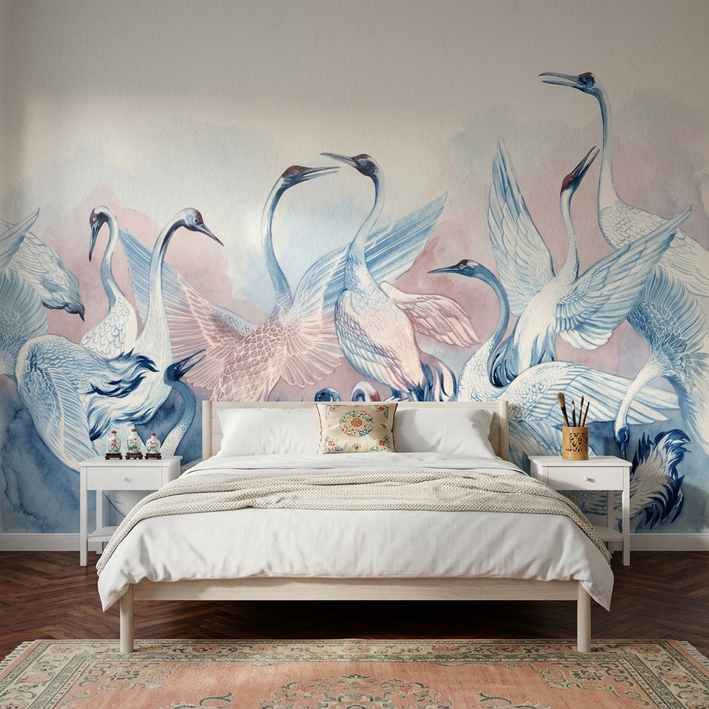 Watercolor Birds Wallpaper Cranes Pastel Pink Wash Wall Mural