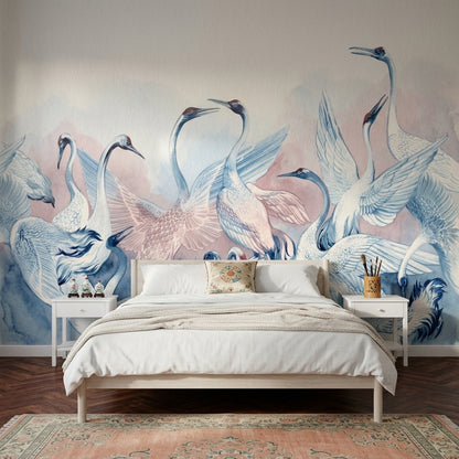 Watercolor Birds Wallpaper Cranes Pastel Pink Wash Wall Mural