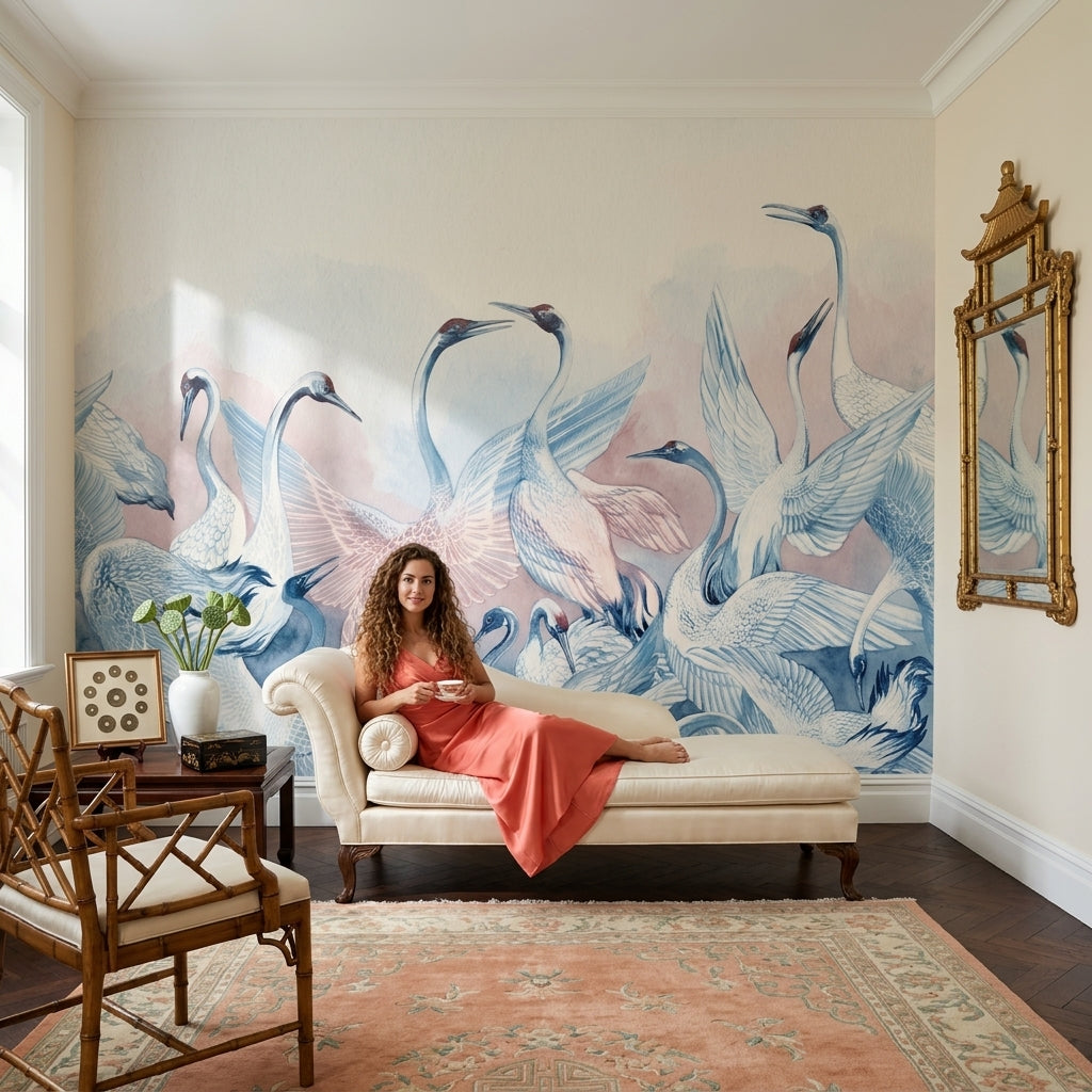 Watercolor Birds Wallpaper Cranes Pastel Pink Wash Wall Mural