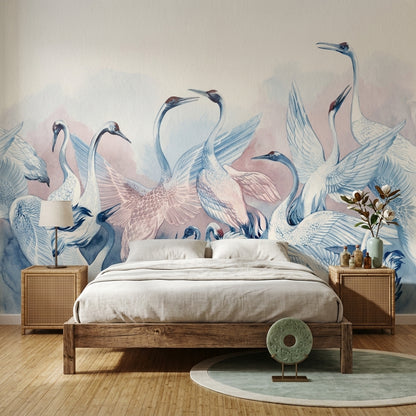 Watercolor Birds Wallpaper Cranes Pastel Pink Wash Wall Mural
