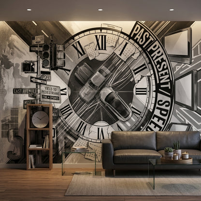 Clock Face Wallpaper Traffic Intersection Removable Urban Wall Decor