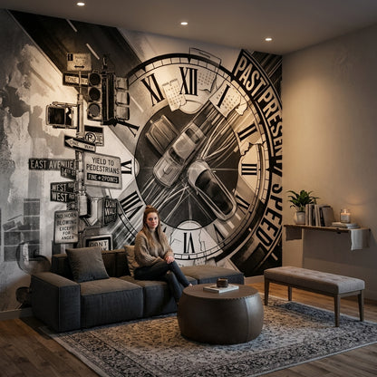 Clock Face Wallpaper Traffic Intersection Removable Urban Wall Decor
