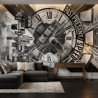 Clock Face Wallpaper Traffic Intersection Removable Urban Wall Decor