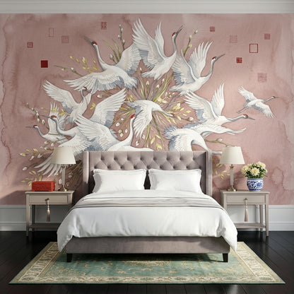 Cranes Wallpaper Watercolor Blush Pink Wall Mural