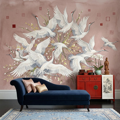 Cranes Wallpaper Watercolor Blush Pink Wall Mural