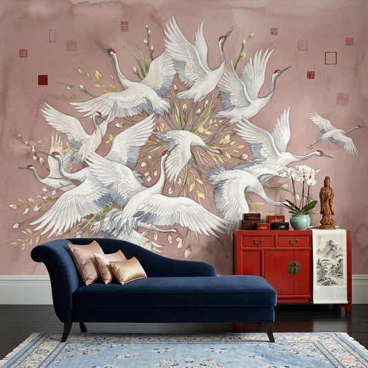 Cranes Wallpaper Watercolor Blush Pink Wall Mural