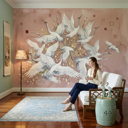 Cranes Wallpaper Watercolor Blush Pink Wall Mural