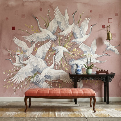 Cranes Wallpaper Watercolor Blush Pink Wall Mural