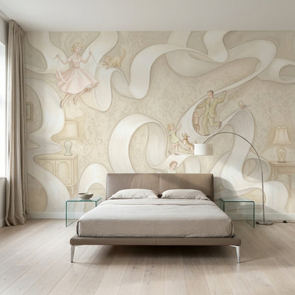 Vintage Illustration Wallpaper Whimsical Flowing Ribbon Wall Mural