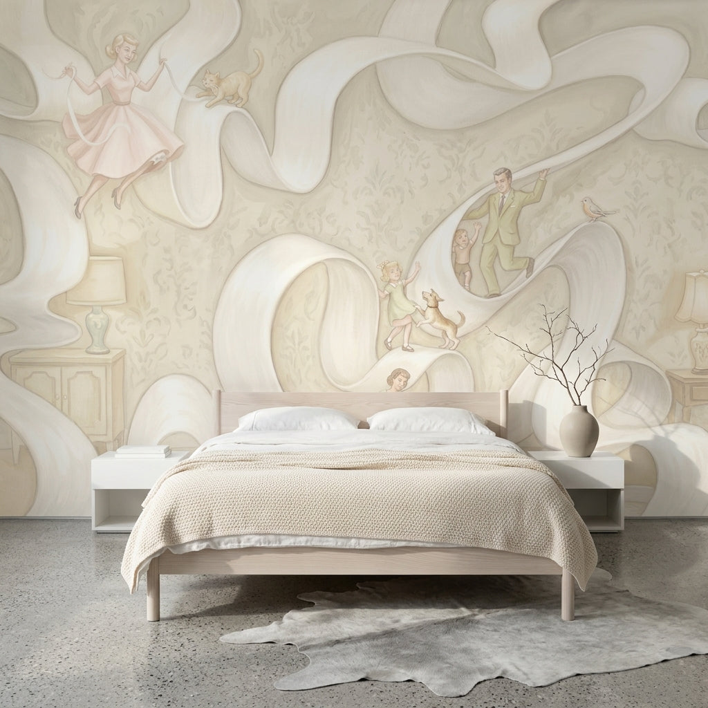 Vintage Illustration Wallpaper Whimsical Flowing Ribbon Wall Mural