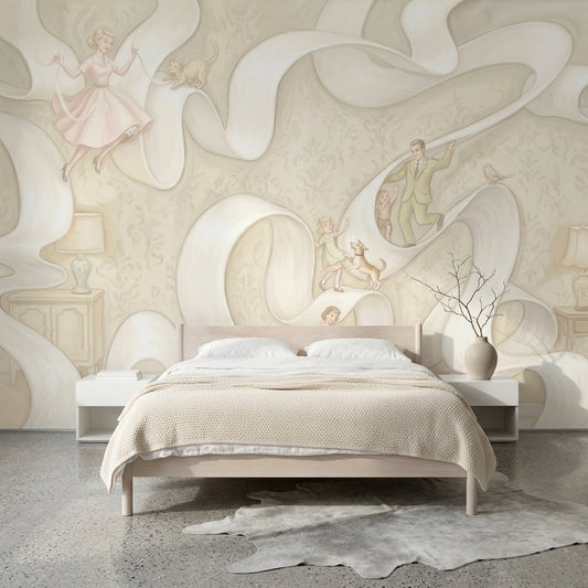 Vintage Illustration Wallpaper Whimsical Flowing Ribbon Wall Mural