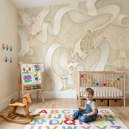 Vintage Illustration Wallpaper Whimsical Flowing Ribbon Wall Mural