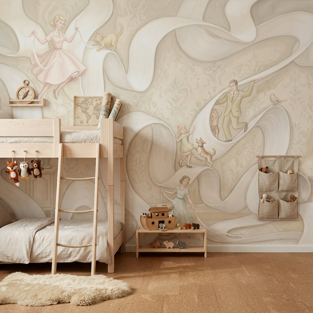 Vintage Illustration Wallpaper Whimsical Flowing Ribbon Wall Mural