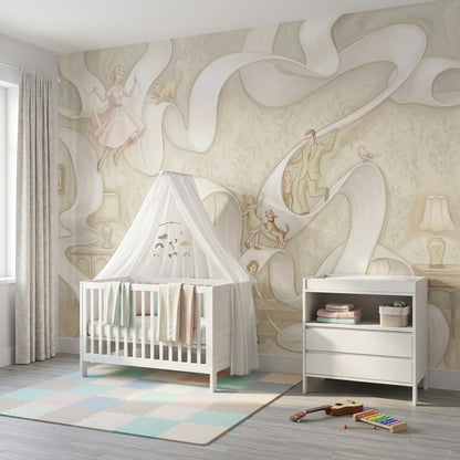 Vintage Illustration Wallpaper Whimsical Flowing Ribbon Wall Mural