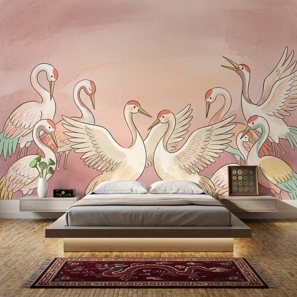 Cranes Wallpaper Pastel Pink Watercolor Wash Removable Wall Decor
