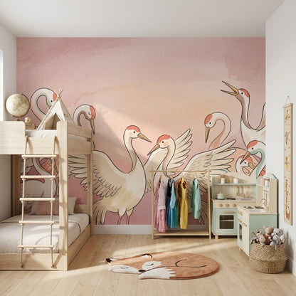 Cranes Wallpaper Pastel Pink Watercolor Wash Removable Wall Decor