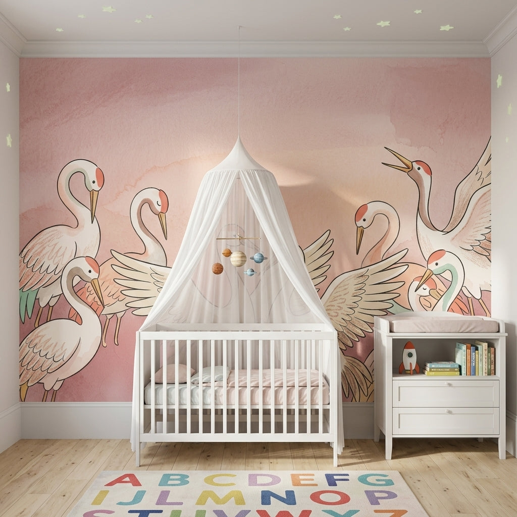 Cranes Wallpaper Pastel Pink Watercolor Wash Removable Wall Decor