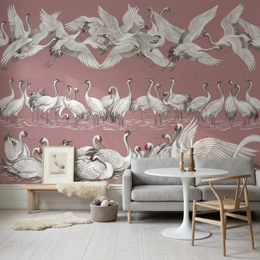 Red Crowned Wallpaper Cranes Vintage Illustration Removable Wall Decor