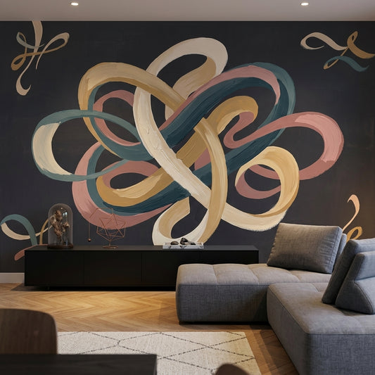 Interwoven Knot Wallpaper Ribbon Loops Painterly Brushstrokes Wall Mural
