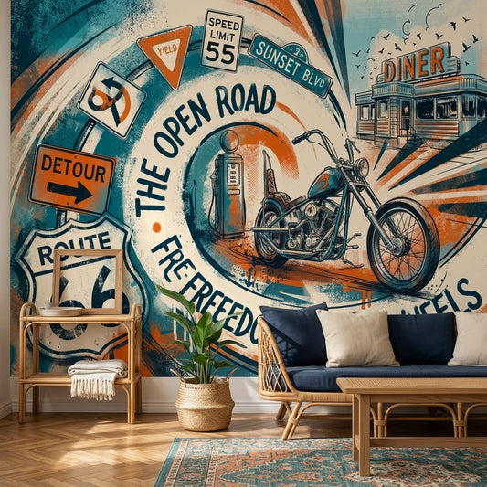 Route 66 Wallpaper Motorcycle Vintage Americana Removable Wall Decor