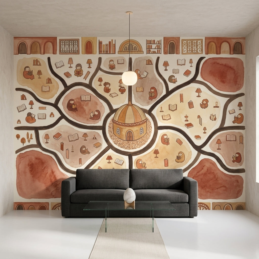 Library Wallpaper Reading Removable Watercolor Illustration Wall Decor