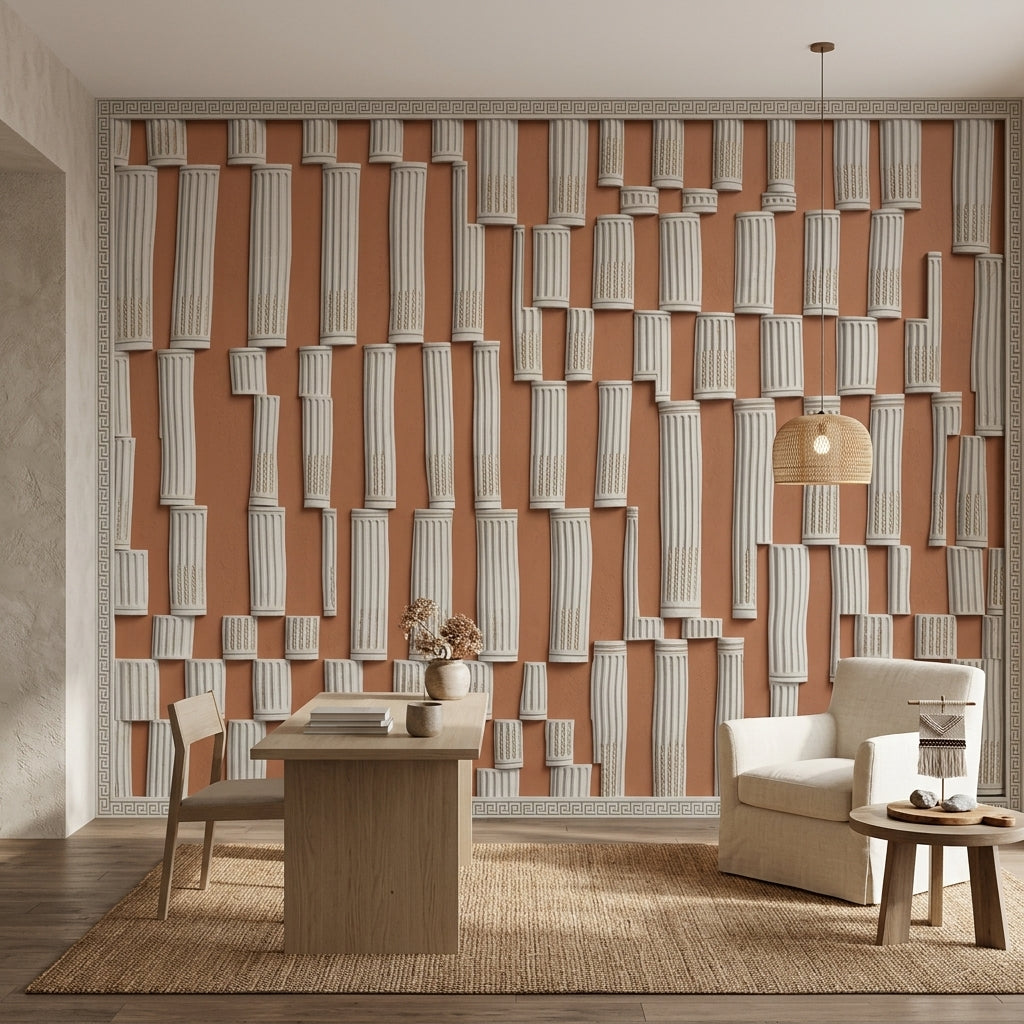 Fluted Columns Wallpaper Greek Key Border 3D Relief Removable Wall Decor