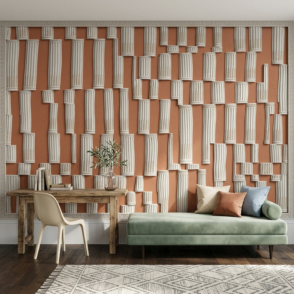 Fluted Columns Wallpaper Greek Key Border 3D Relief Removable Wall Decor