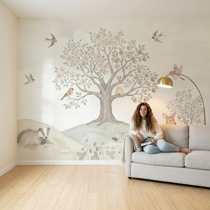 Muted Green Wallpaper Woodland Removable Watercolor Wall Decor