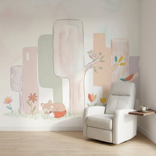 White Background Wallpaper Pastel Woodland Removable Wall Decor