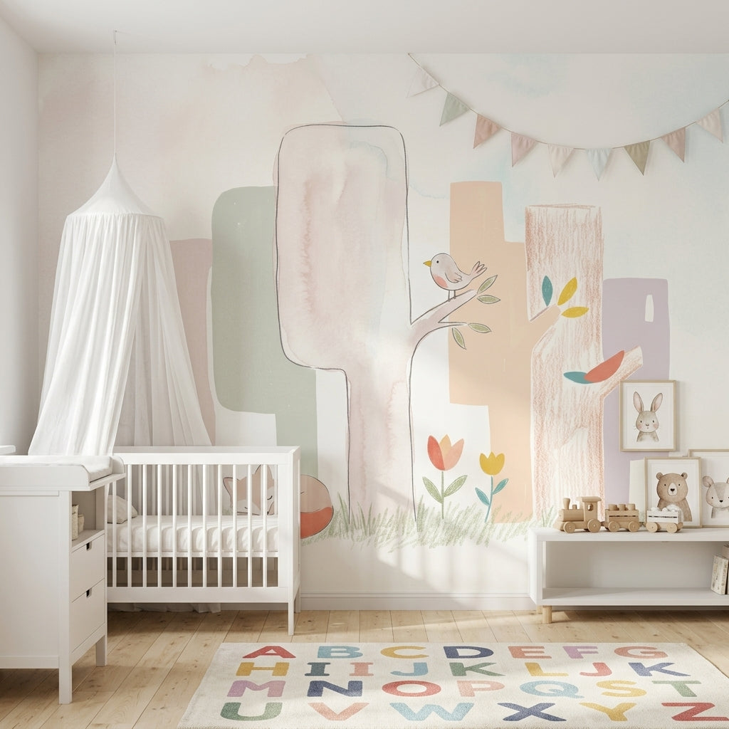 White Background Wallpaper Pastel Woodland Removable Wall Decor