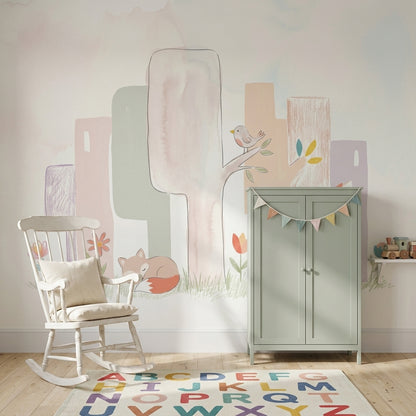 White Background Wallpaper Pastel Woodland Removable Wall Decor
