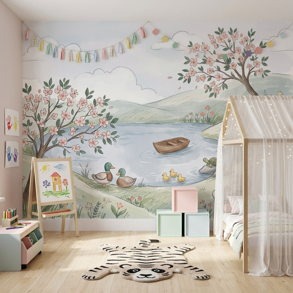 Spring Landscape Wallpaper Watercolor Whimsical Nursery Removable Wall Decor