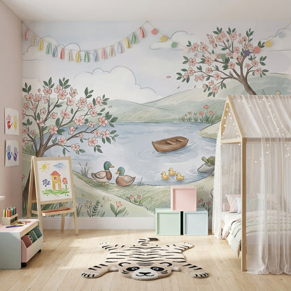 Spring Landscape Wallpaper Watercolor Whimsical Nursery Removable Wall Decor