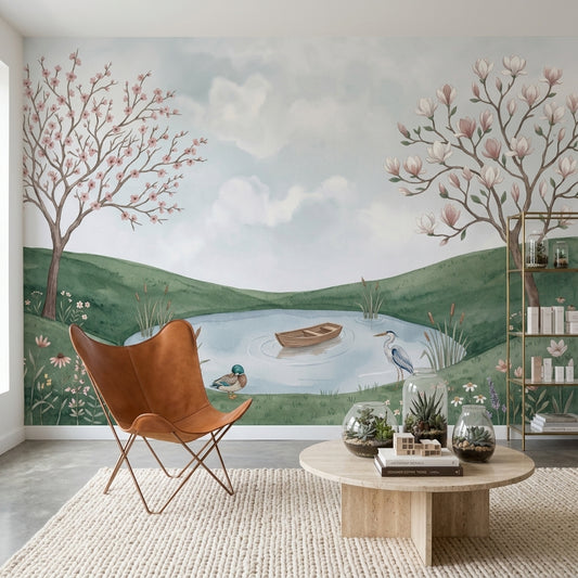 Watercolor Landscape Wallpaper Pond Pastoral Wall Mural