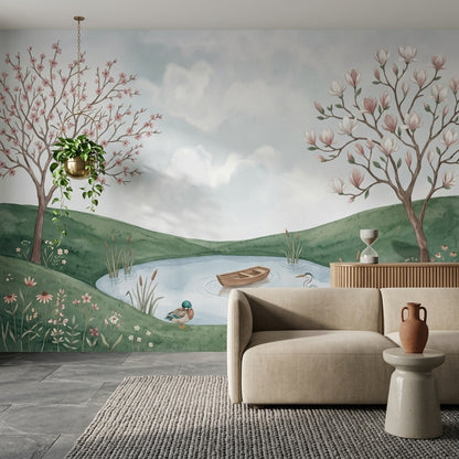 Watercolor Landscape Wallpaper Pond Pastoral Wall Mural