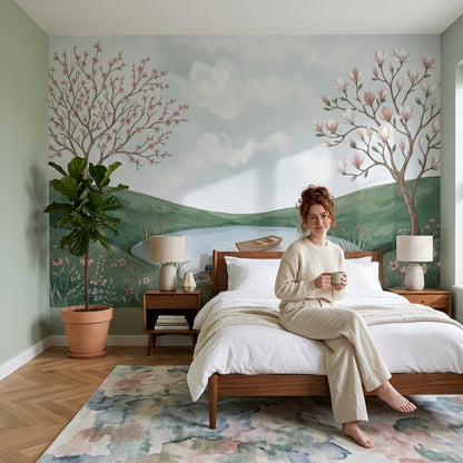 Watercolor Landscape Wallpaper Pond Pastoral Wall Mural