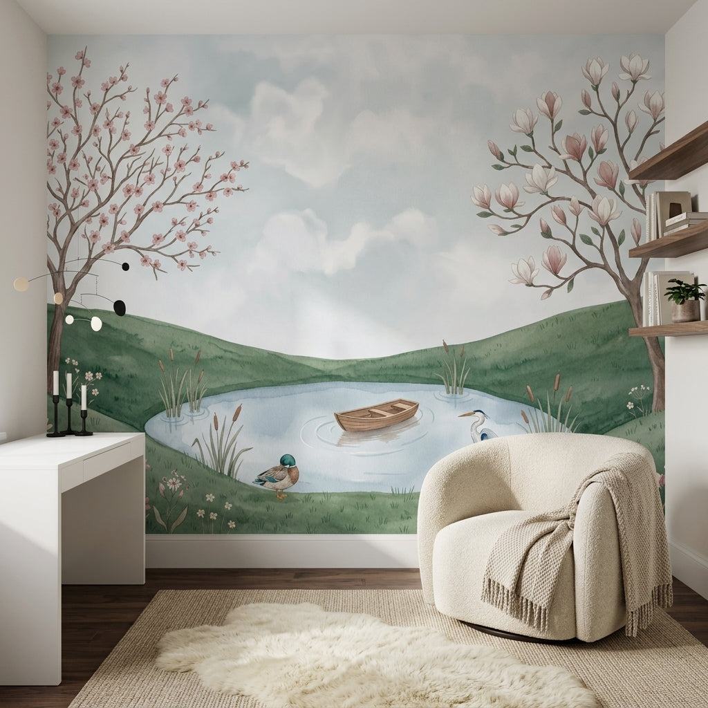 Watercolor Landscape Wallpaper Pond Pastoral Wall Mural