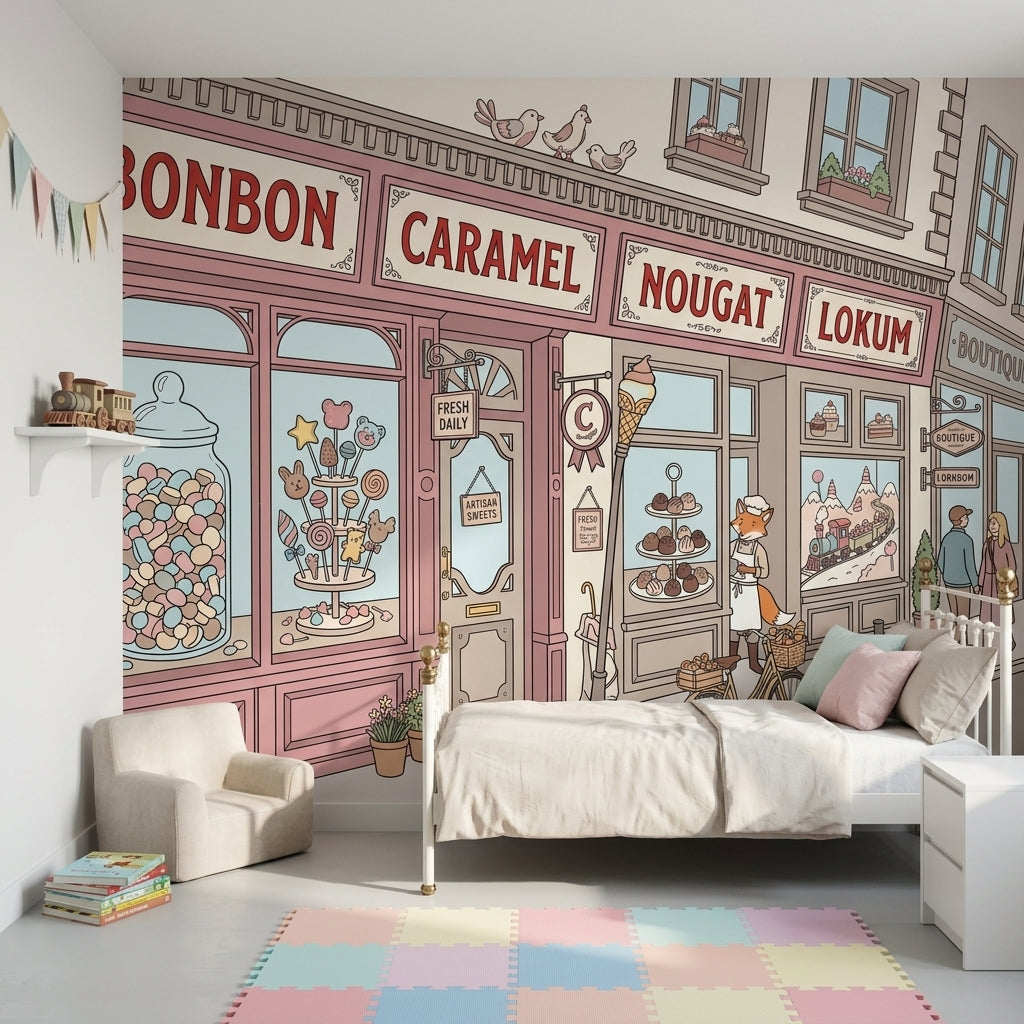 Candy Shop Storefront Wallpaper Pastel Pink French Patisserie Vibe Wall Mural