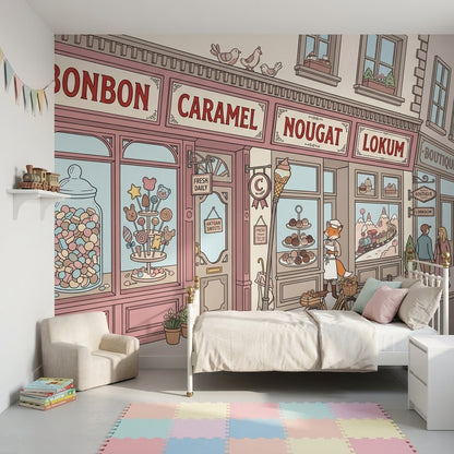Candy Shop Storefront Wallpaper Pastel Pink French Patisserie Vibe Wall Mural
