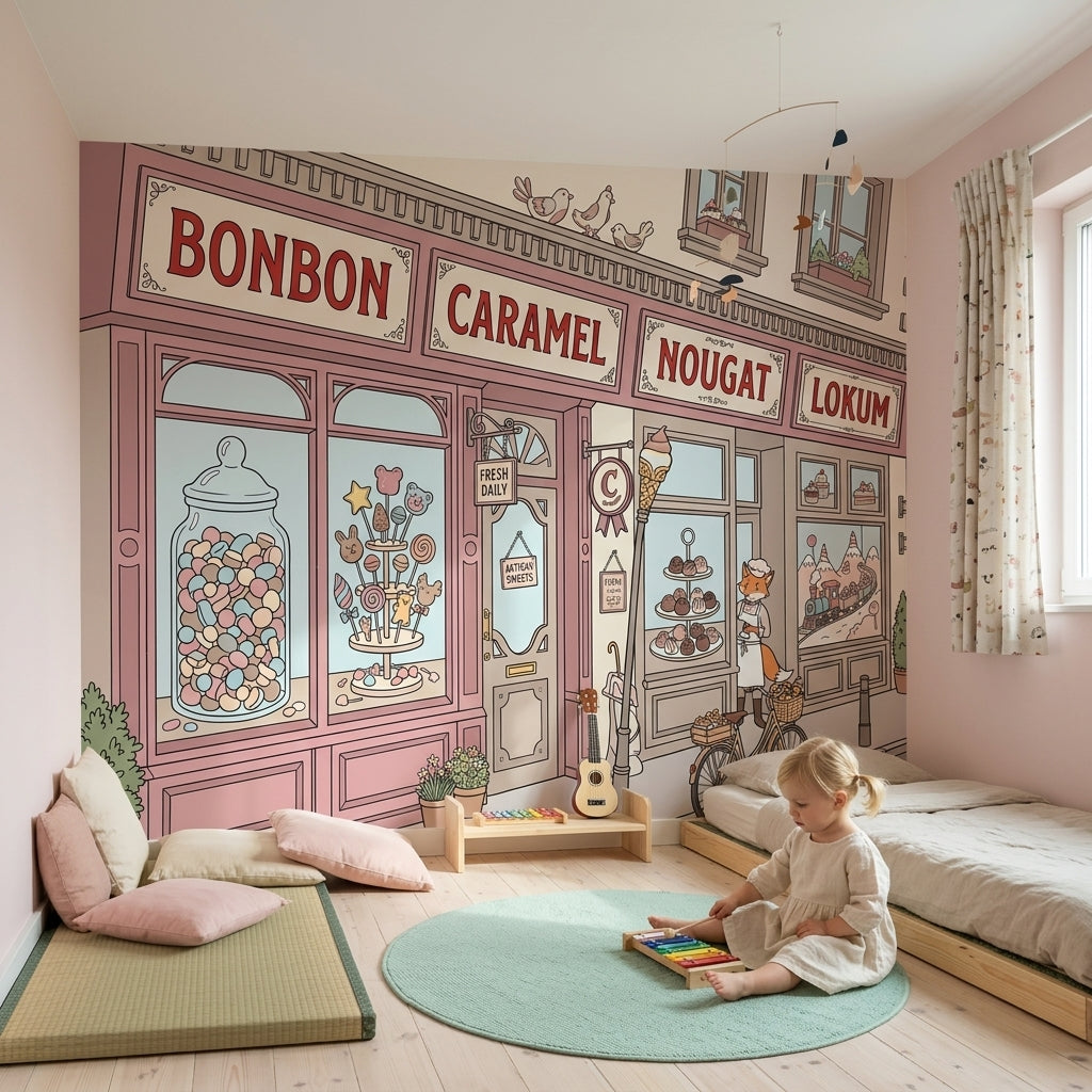 Candy Shop Storefront Wallpaper Pastel Pink French Patisserie Vibe Wall Mural
