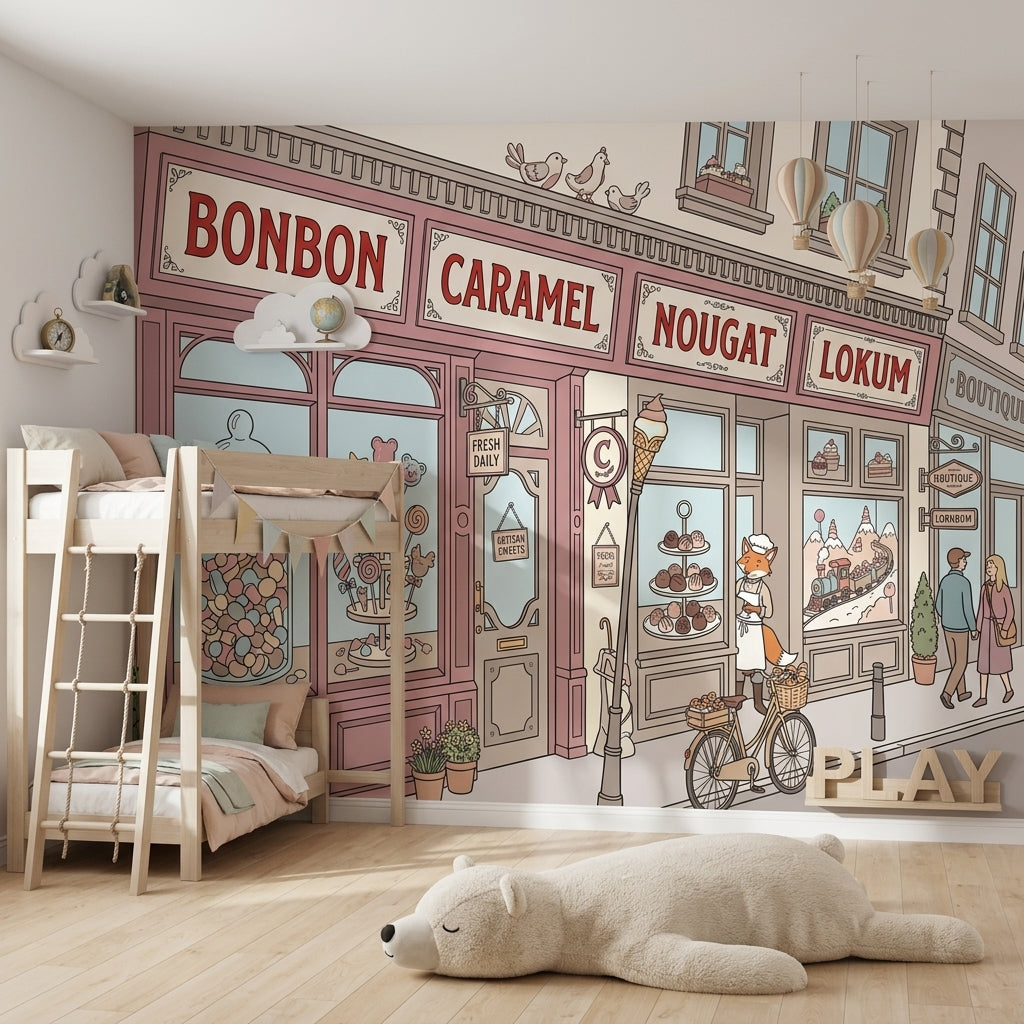 Candy Shop Storefront Wallpaper Pastel Pink French Patisserie Vibe Wall Mural
