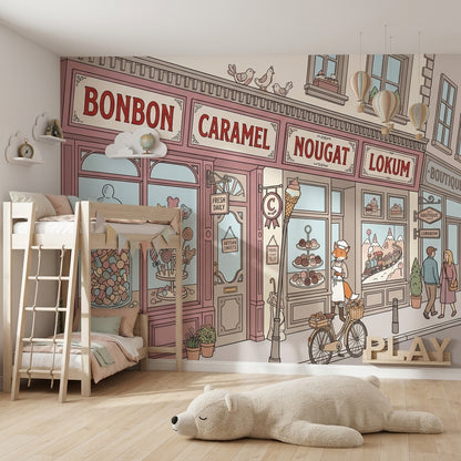 Candy Shop Storefront Wallpaper Pastel Pink French Patisserie Vibe Wall Mural