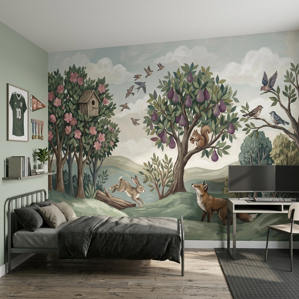 Woodland Landscape Wallpaper Storybook Illustration Removable Green Hills Wall Decor